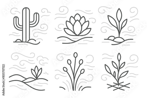 Ethereal Desert Plant Icons. Line vector icons of gaseous desert plant alignments: vaporous cactus lines, misty succulent outlines