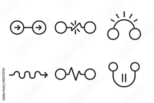 Kinetic Energy Connections. Line vector icons of a charged kinetic link: powered motion circles, active spark bonds, energized arc
