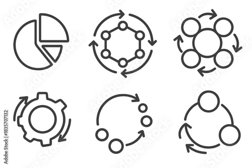 Dynamic Hunger Icons. Line vector icons of shifting hunger products: evolving appetite wheels, rotating need patterns,
