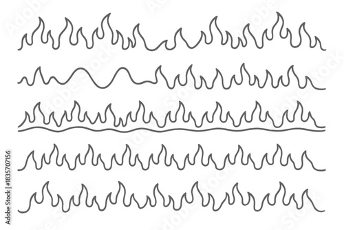 Harmonic Flame Borders. Line vector icons of harmonic fire edges: rhythmic flame borders, glowing sound waves, tonal ember lines,