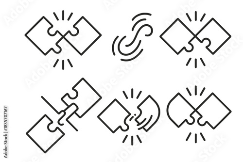 Dynamic Puzzle Connections. Line vector icons of a sudden fit of interlocking parts: snapping puzzle arcs, dynamic connecting