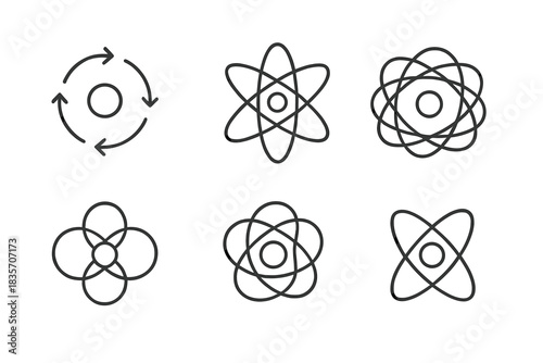 Complex Core Dynamics. Line vector icons of a moving core tied in complexity: rotating central nodes, interlaced orbit lines,