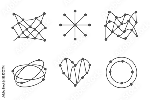 Dynamic Network Icons. Line vector icons of rhythmic core networks: dynamic motion lattices, central flow meshes, oscillating node