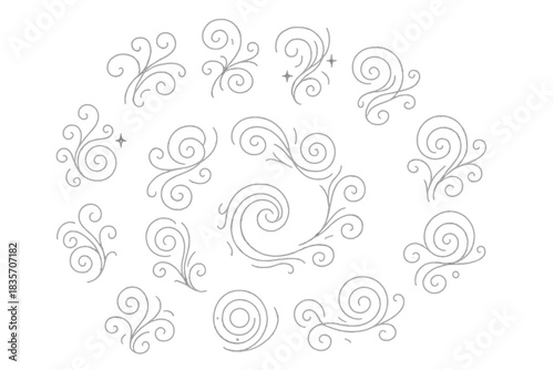 Ethereal Spiral Sigils. Line vector icons of a sheer vortex of sigils: transparent spiral symbols, airy magical swirls, faint