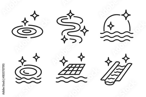 Rhythmic Moat Patterns. Line vector icons of a sparkling moat with recurring themes: rhythmic water rings, shimmering looped
