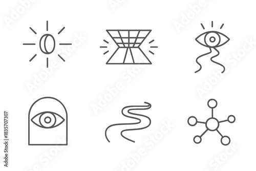 Visionary Pathway Icons. Line vector icons of a visual expedition of foresight: radiant lens outlines, glowing perspective grids,