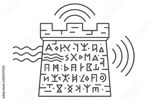 Mystical Sound Glyphs. Line style icons of a humming bulwark with enigmatic signs: fortified surface covered with unknown glyphs,