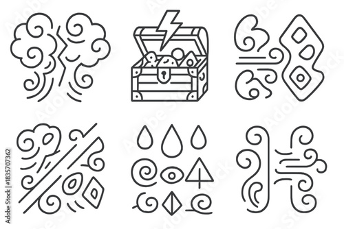 Stormy Line Divides. Line style icons of a stormy divide of curiosities: swirling clouds splitting into two halves, lightning bolt