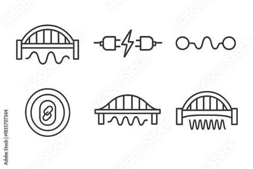 Kinetic Bridge Icons. Line style icons of kinetic bridgework and energy: balanced arch with wave signal, twin connectors flashing