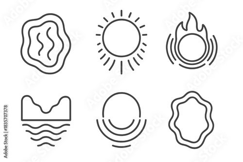 Thermal Echo Icons. Line style icons of thermal echo boundaries: soft heat waves flowing along shape, glowing perimeter radiating
