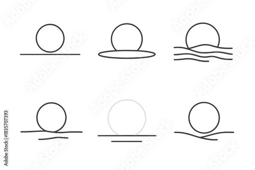 Distant Circular Icons. Line style icons of distant circular presence: horizon circle under empty sky, diffused ring rising from
