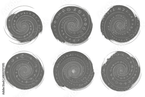 Mystical Energy Vortex. Line style icons of a sheer vortex of sigils: translucent spiral with glowing symbols, circular flow with