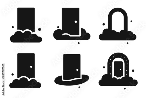Ethereal Entrances Icons. Solid style icons of ethereal entrances: floating entrance, drifting doorway, suspended portal, buoyant