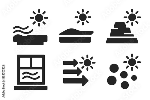 Desert Icon Collection. Solid style icons of sunlit choice structures: hot wind sill, dusty ledge, sandy shelf, desert platform,