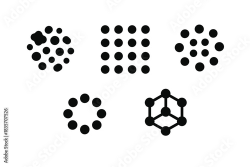 Organized Particle Icons. Solid style icons of organized particle formations: gathered flecks, assembled dots, collected specks,