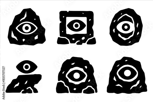 Stone Observation Icons. Solid style icons of stone-embedded observation points: metallic eye, ore window, rocky aperture, mineral