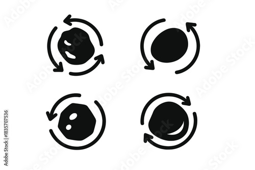 Rotating Stone Icons. Solid style icons of symbolic rotating stones: turning rock, spinning pebble, revolving mineral, rotating