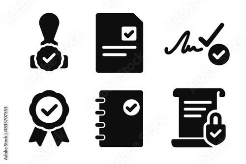 Integrity Icons. Solid style icons of verification and integrity: certified stamp, approved document, trusted signature, verified