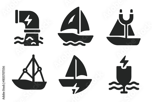 Maritime Energy Icons. Solid style icons of maritime fusion: water-energy conduit, fluid-metal hull, hybrid sail membrane,