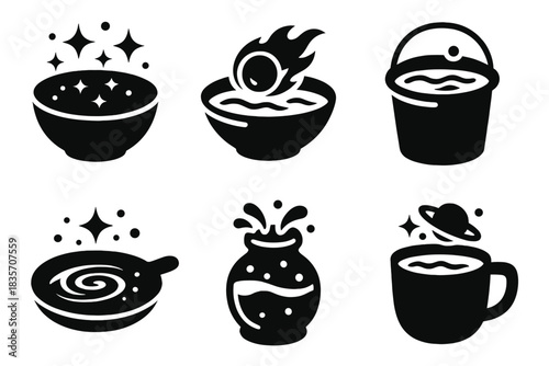 Astral Cleansing Icons. Solid style icons of astral cleansing: stardust basin, meteor-water bowl, cosmic wash vessel, interstellar