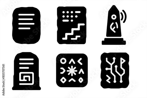 Ancient Technology Icons. Solid style icons of ancient technology: stone data tablet, engraved logic slab, carved signal obelisk,