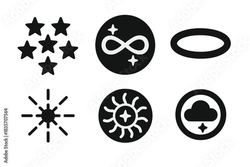 Infinite Icon Design. Solid style icons of eternal imagery: repeating star pattern, infinite sky motif, looped halo arc, cyclical