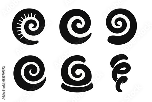 Intellectual Spiral Icons. Solid style icons of intellectual spirals: a ridged spiral of genius, a raised whorl of talent, an