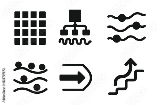 Rhythmic Icon Harmony. Solid style icons of structured rhythm: patterned motion grid, rhythmic hierarchy chart, vibrating tier