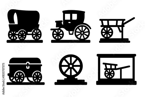 Vintage Transport Icons. Solid style icons of historical transport: vintage wagon display, old-world carriage scene, heritage cart