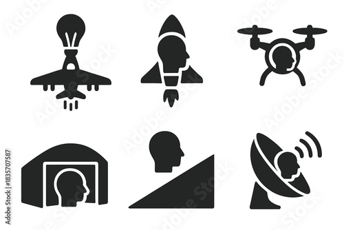 Cognitive Flight Icons. Solid style icons of cognitive flight: rising idea jet, soaring awareness craft, circling perception drone