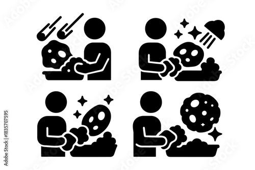 Cosmic Purification Icons. Solid style icons of cosmic purification: cleansing insights from meteorites, purifying wisdom from