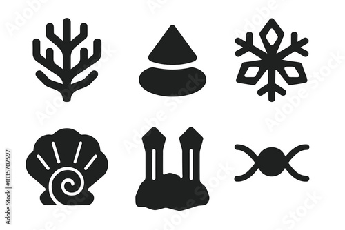 Mirrored Natural Icons. Solid style icons of natural symmetry: mirrored coral prism, balanced light stone, polarized water crystal