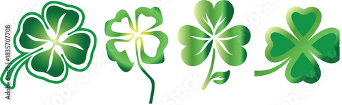 set of green four-leaf clover icons with different image styles and an interesting gradient, for holiday designs, invitations or gift cards