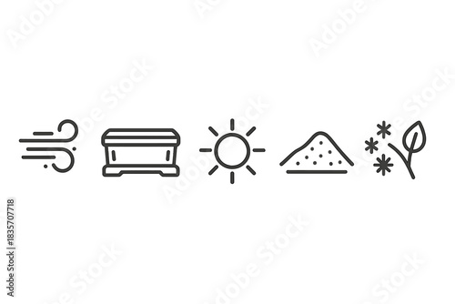 Desert Icon Transformation. Line style icons of hot wind tomb change: heated breeze, stone casket, solar disk, rising sand,