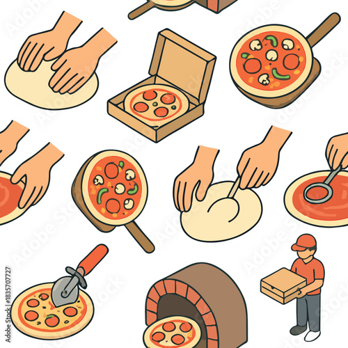 Pattern with stages of pizza preparation and delivery in pastel colors in isometric style