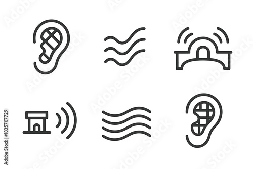 Sound Reception Icons. Line style icons of sound reception framework: lattice ear, wave channel, tonal bridge, echo structure,