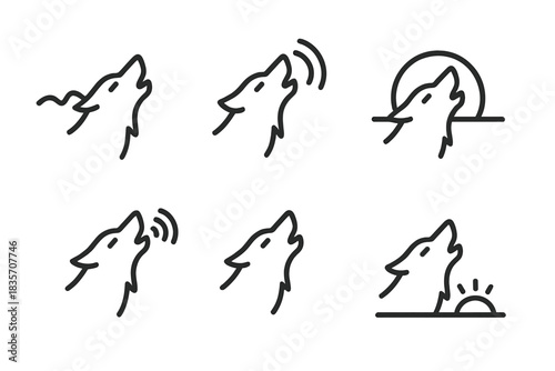 Dusky Howl Icons. Line style icons of dusky howl announcement: dark wave, twilight cry, fading mouth, horizon echo, dim signal,