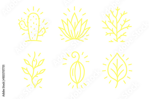 Glowing Desert Plants. Line style icons of glowing drought-resistant plants: light cactus, shining agave, radiant thorn bush,