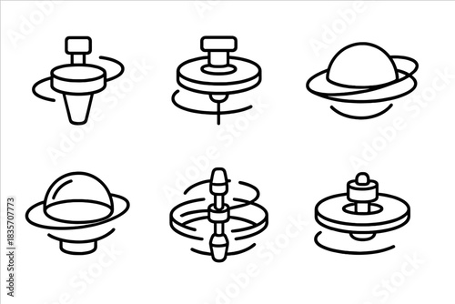 Line Style Outposts. Line style icons of circling remote outposts: spinning base, observation disk, orbit ring, viewing dome,
