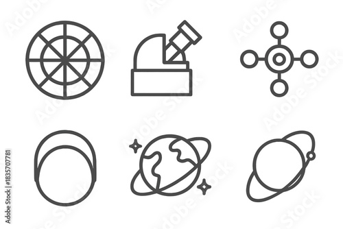 Orbit Observation Icons. Line style icons of orbiting base observation: circular grid, telescope focus, orbital hub, viewing arc,