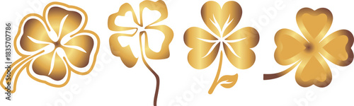 set of four-leaf clovers of different shapes and styles with a gold gradient, for holiday designs, invitations or gift cards