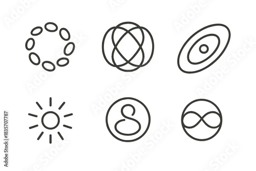 Circular Unity Icons. Line style icons of circular unity symbol: rotating pebble, harmonious sphere, flowing orbit, radiant stone,