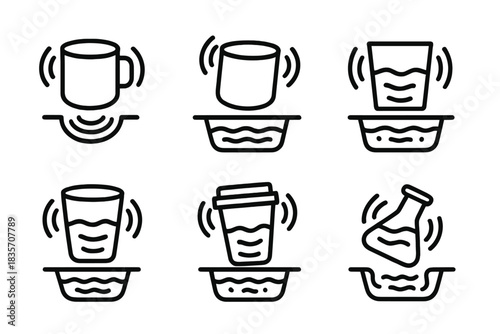 Vibrating Liquid Icons. Line style icons of vibrating draft from a pit: oscillating mug, echo cup, underground liquid, rippling