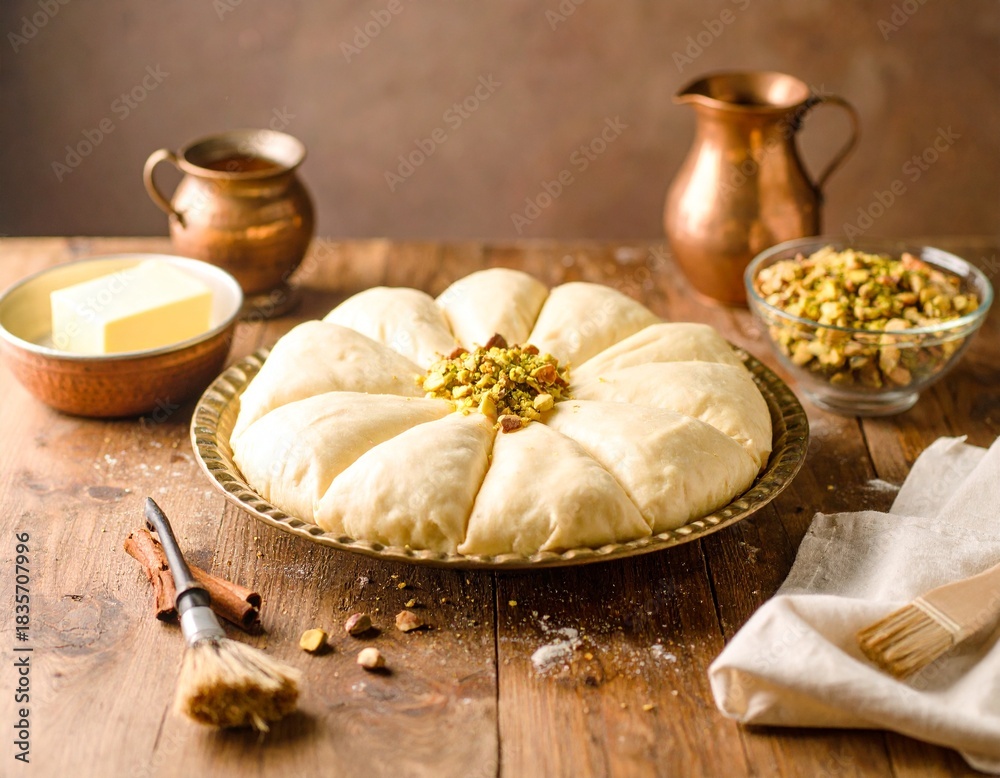 Fototapeta premium Baklava Preparation Filo Pastry Sheets Melted Butter Pistachios Honey Syrup Rose Water