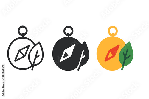 Wild Edible Icons. three minimal vector icons of a compass and leaf representing wild edible exploration, line outline style,
