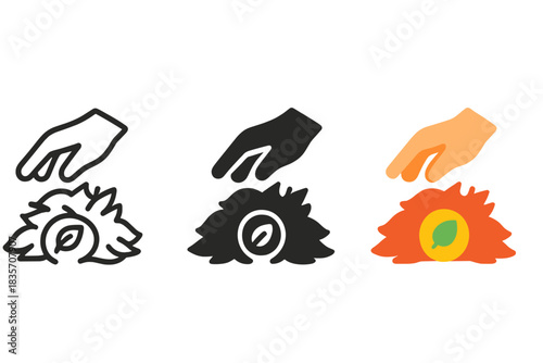 Hands Uncovering Treasures. three minimal vector icons of hands uncovering a natural reward beneath fallen leaves, line outline
