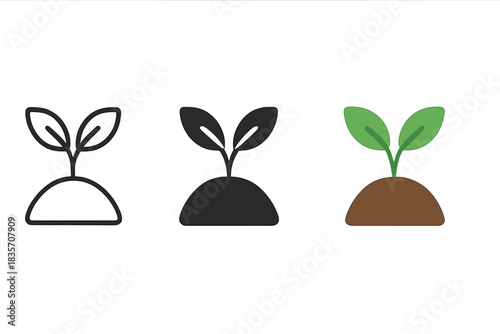 Seedling Pact Icons. three minimal vector icons of two seedlings growing from shared soil forming a mutual pact symbol, line