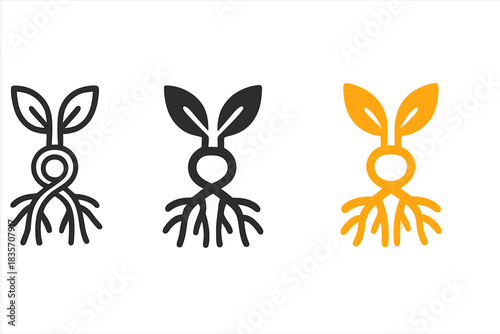 Intertwined Roots Icons. three minimal vector icons of intertwined roots forming a symbol of reciprocal growth agreement, line