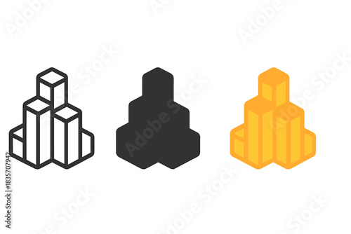 Minimal Basalt Icons. three minimal vector icons of vertical basalt columns clustered into a hive pattern, line outline style,