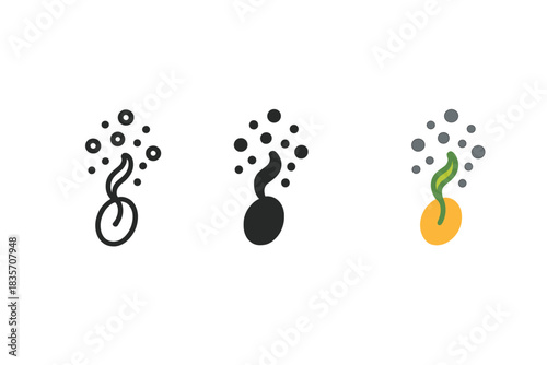 Seed Icons in Ash. three minimal vector icons of a small seed carried by volcanic ash particles in the air, line outline style,